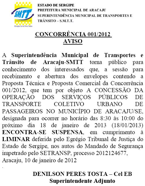 Suspensa entrega de documento para concorrência de transporte público - SMTT Aracaju