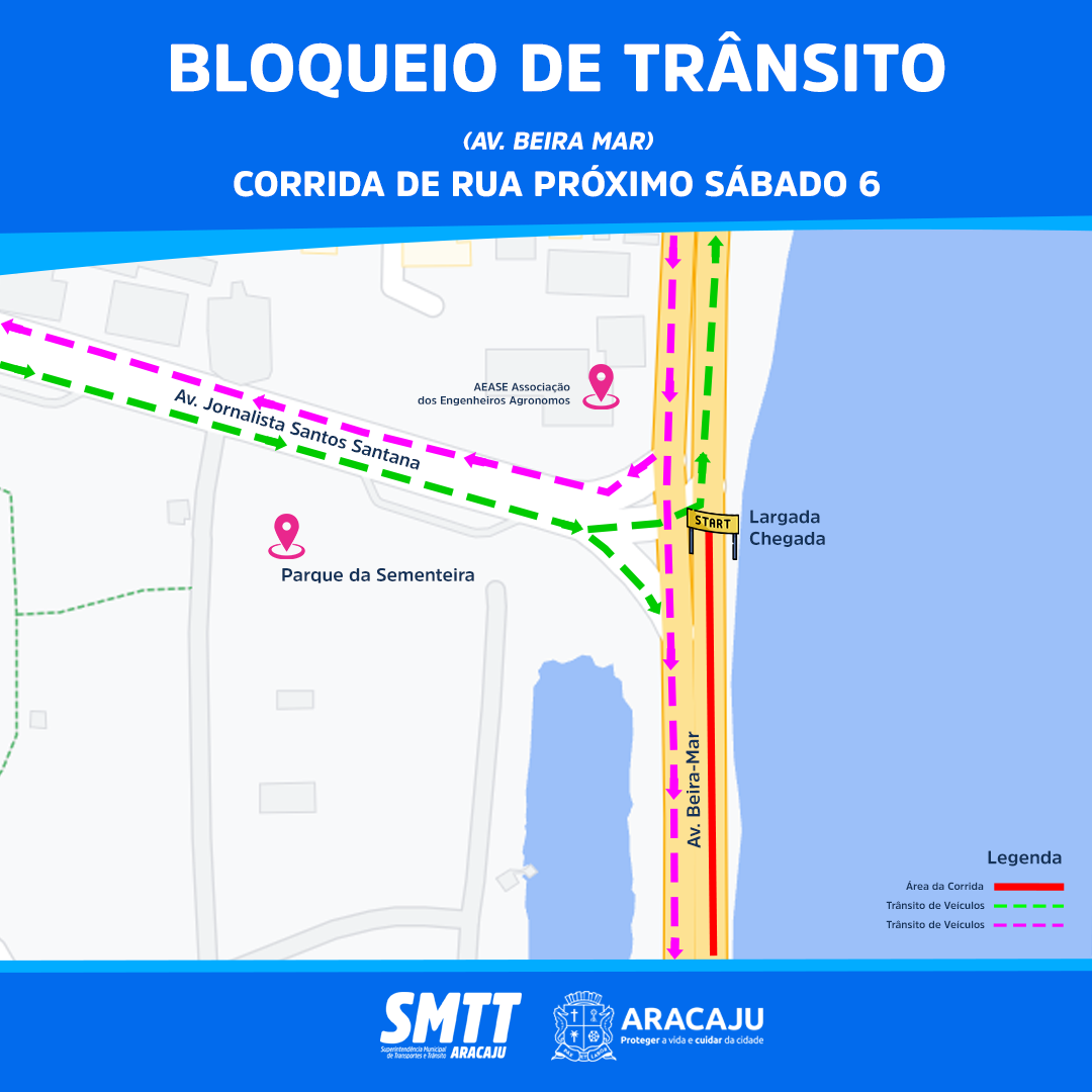 Trecho da avenida Beira Mar terá bloqueio temporário neste sábado, 6 - SMTT Aracaju