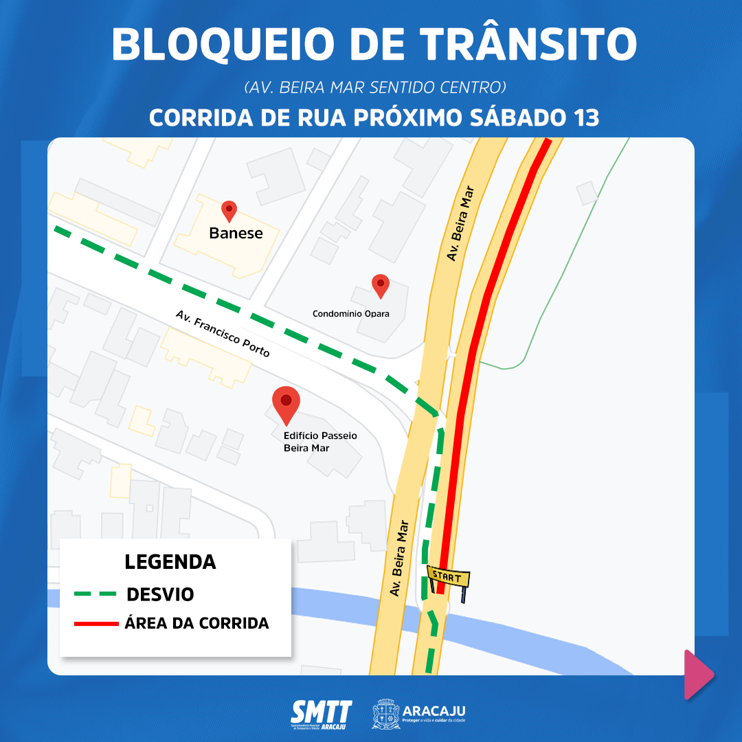 Trânsito será alterado neste sábado, 13, na região da Beira Mar e bairro São José - SMTT Aracaju